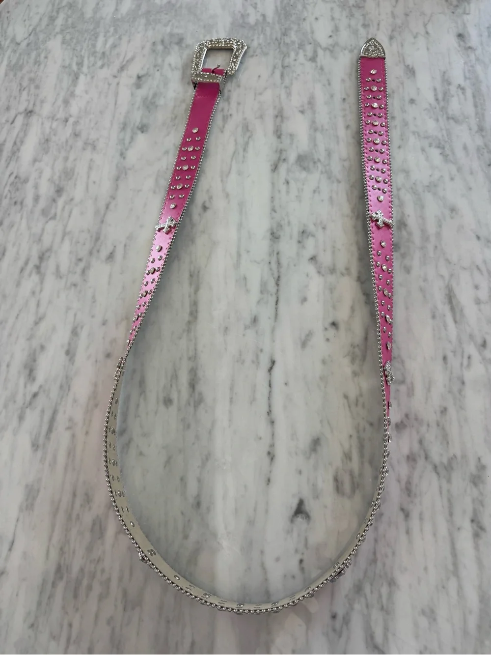 Studded Hot Pink Western Belt with Rhinestone Buckle. 61”